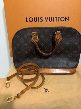 Louis Vuitton Brown Monogram Alma Satchel with Tan Leather Trim